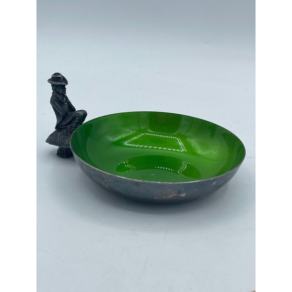 Vintage Reed & Barton Pewter LEPRECHAUN Mushroom Silver Plate Green Enamel Bowl - Picture 1 of 8